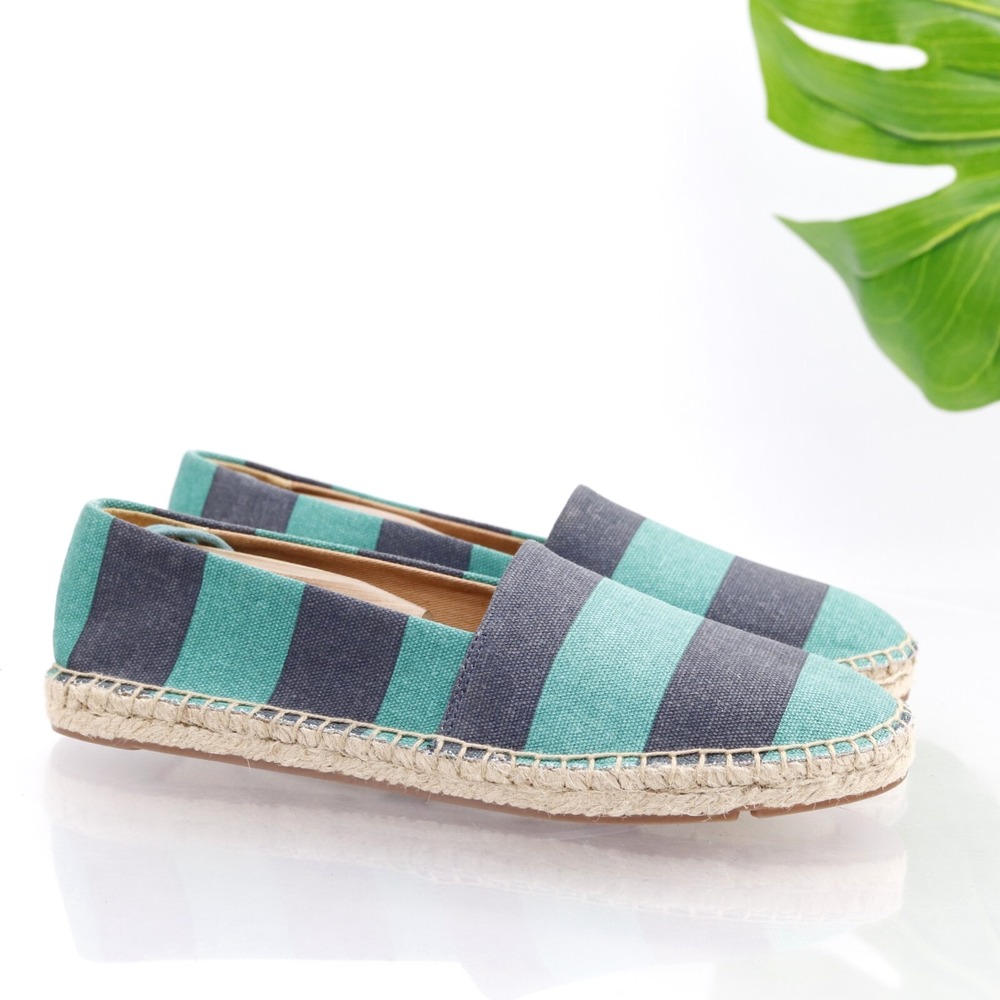 J Crew Shoes Womens Espadrille Size 6.5 Green Navy Stripe Canvas Flats Slip On